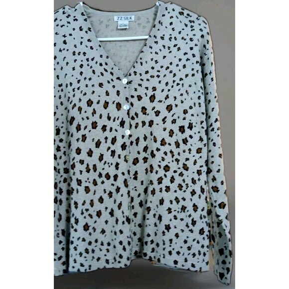 ZZ Silk Women's L Leopard Print Silk Cashmere Cardigan Button Front Y2K Retro - Picture 3 of 8